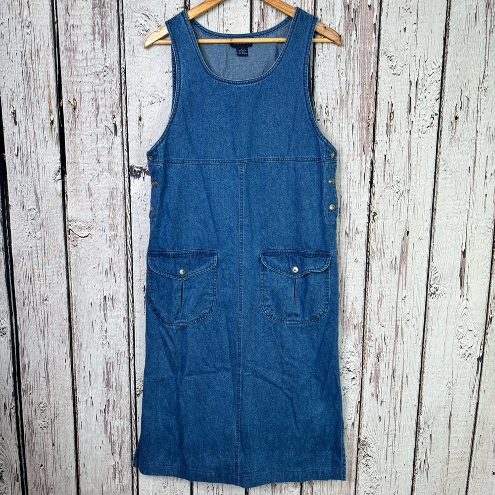 Blue J. Size Small Vintage Denim Jumper Dress Sleeveless Buttons Pockets‎ Slits